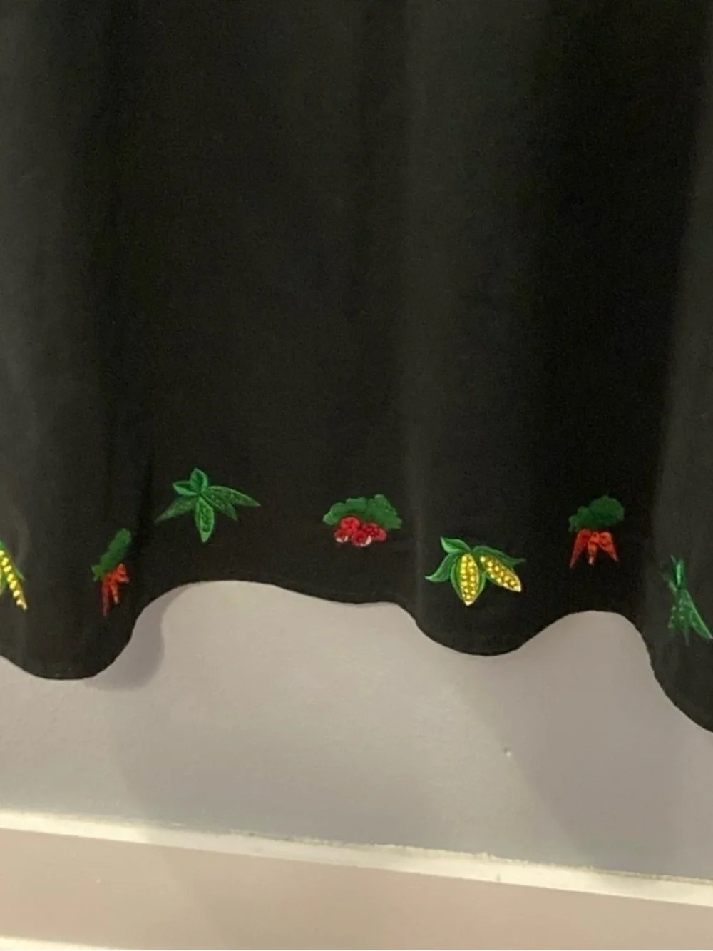 Black Embroidered Midi Dress with Fruit and Veggie Motif
